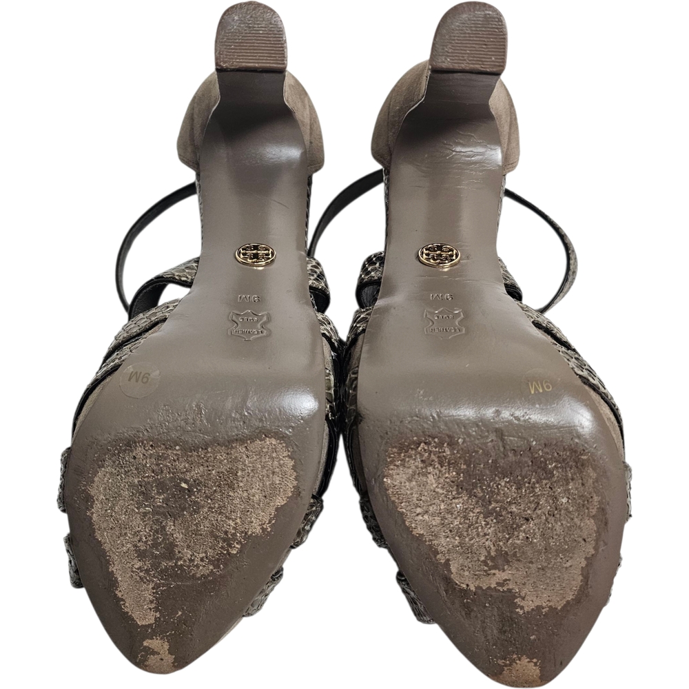 Tory Burch Gray Brown Suede Leather Animal Print Strappy Block Heels Size 9 - Picture 9 of 14